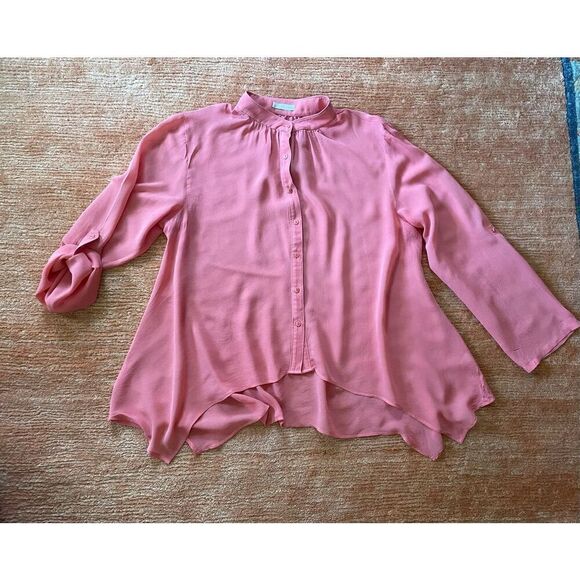 HINGE 100% silk Size M Coral Button Down Long Sleeve Blouse - Picture 2 of 8
